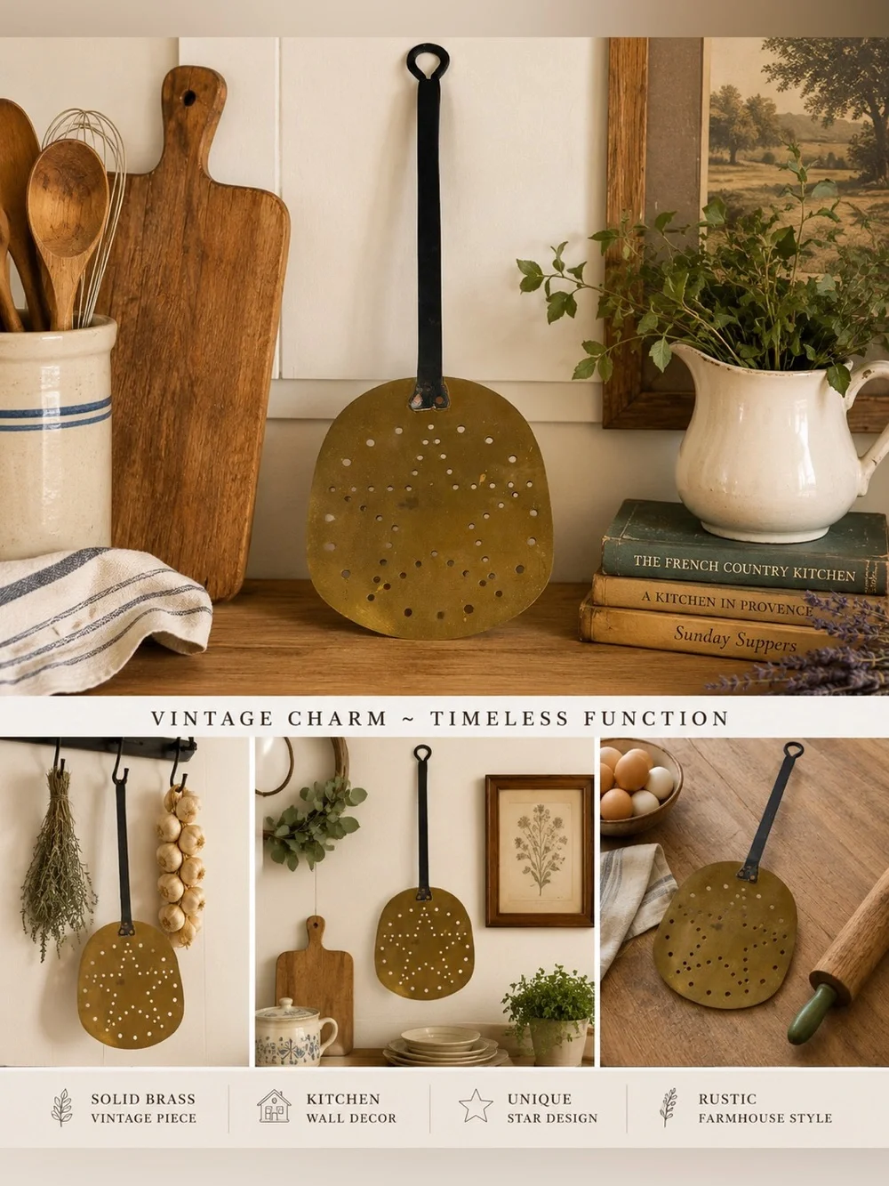 Vintage Brass Skimmer Strainer | Rustic Farmhouse Kitchen Wall Decor | Primitive